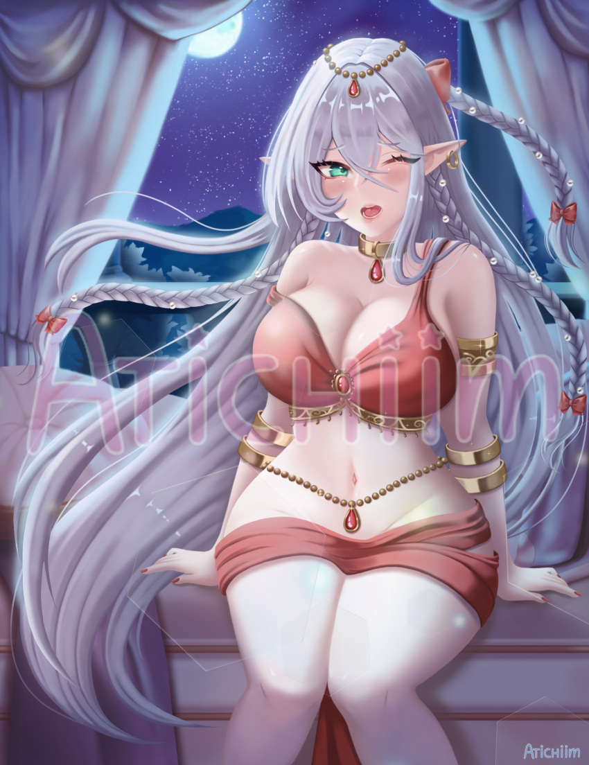 anime_style arabian arabian_clothes arabian_female atichiim big_breasts blonde_hair blunt_bangs breasts cenarius chest_tuft cowgirl_position elf elf_female elf_girl fantasy green_eyes hair harem_outfit lingerie long_hair pink_panties red_body red_lips