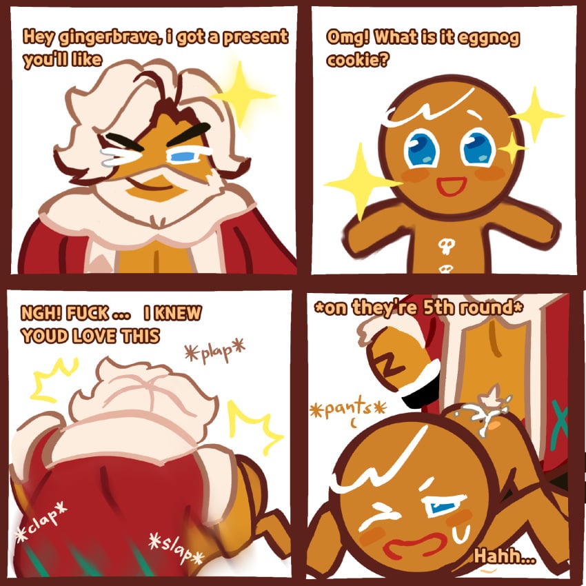 2boys cartoony christmas christmas_clothing christmas_outfit cookie_run cookie_run_ovenbreak eggnog_cookie gay_sex gingerbrave gingerbrave_(cookie_run) gingerbravo old older older_male on_model suprised yaoi young younger younger_male