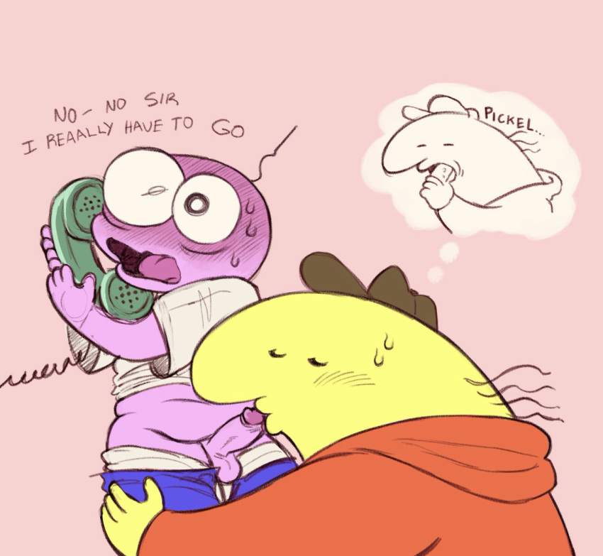 2boys blush blushing_profusely charlie_(smiling_friends) gay ickystickypink kissing_penis male male_only nervous on_phone on_the_phone overweight overweight_male pickle pim_(smiling_friends) rushing size_difference smiling_friends yaoi