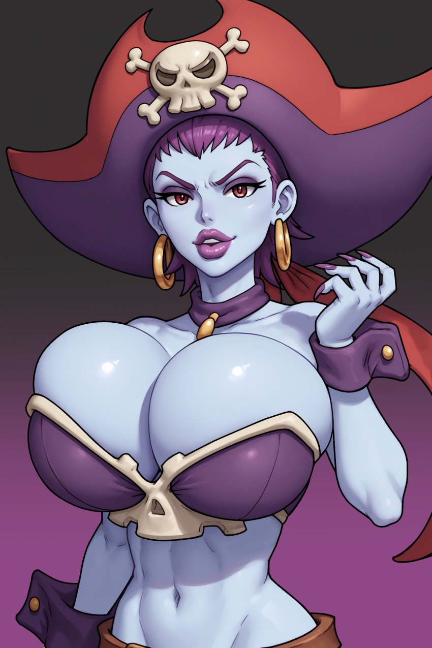 ai_assisted ai_generated belt bimboports(ai) cleavage cuffs_(clothing) earrings female female_only huge_breasts lipstick long_fingernails looking_at_viewer nail_polish navel pirate pirate_hat purple_eyeshadow purple_hair red_eyes risky_boots self_upload shantae tagme thick_lips