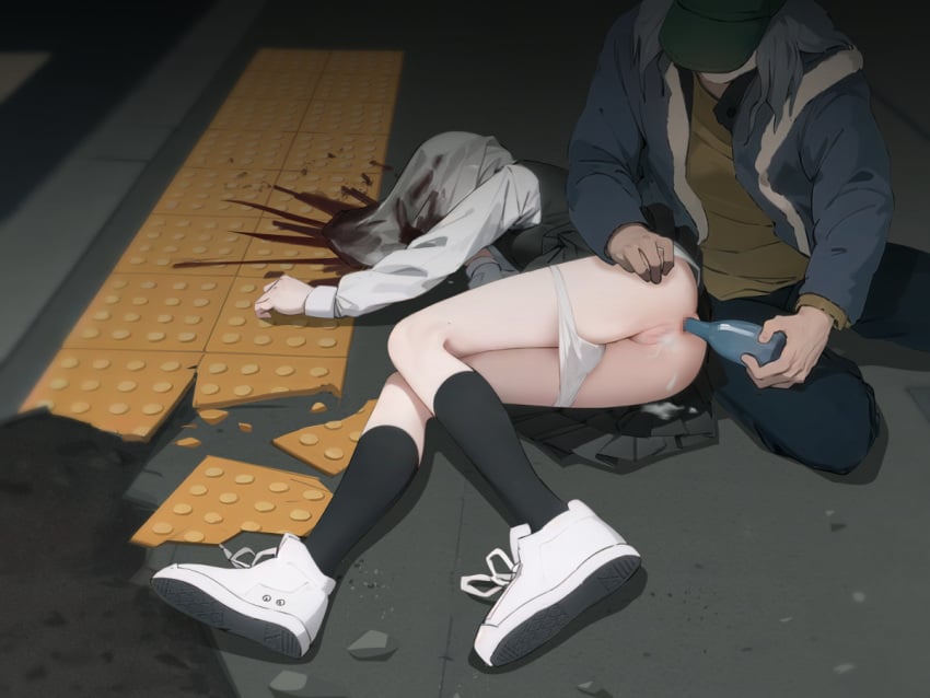 anal_insertion blood bottle bottle_in_ass bottle_insertion censored censored_anus censored_pussy chainsaw_man death female_death gore guro highres mitaka_asa necrophilia panties panties_down yamomo