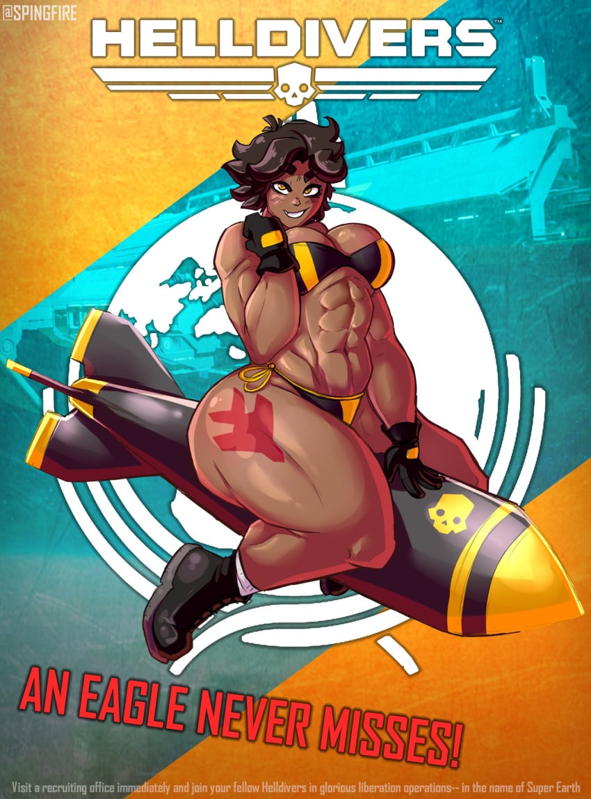 bikini brown_hair dark-skinned_female eagle-1_(helldivers) gloves helldivers helldivers_2 muscular_female partially_clothed pinup poster_(medium) propaganda propaganda_poster solo_female spingfire