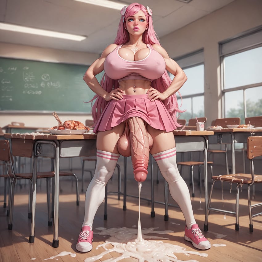 1futa abs ai_generated athletic_futanari big_breasts blue_eyes classroom cum_on_floor cum_on_food enormous_cock fit_futanari futa_only futanari gigantic_cock goddess huge_balls huge_cock long_cock milk mommy muscular muscular_futanari pink_clothing pink_hair pink_shoes pink_skirt pink_top shennru solo teacher thick_thighs