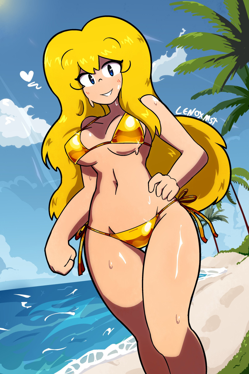 blonde_hair blue_eyes breasts broomy_(lenoxmst) female female_only golden_bikini lenoxmst looking_at_viewer solo tagme