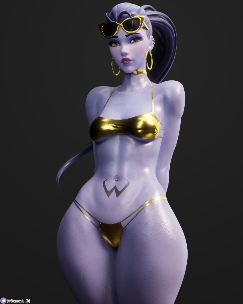 1girls 3d absurd_res amelie_lacroix bikini breasts choker cote_d'azur_widowmaker ear_piercing earrings female female_only fit fit_female gold_bikini gold_jewelry hands_behind_back helix_piercing hi_res highres hips hoop_earrings mole navel navel_piercing nemesis_3d overwatch overwatch_2 parted_lips red_lipstick shiny_skin standing stomach stomach_tattoo sunglasses sunglasses_on_forehead sunglasses_on_head tattoo thick_thighs thighs underboob wet_skin wide_hips widowmaker