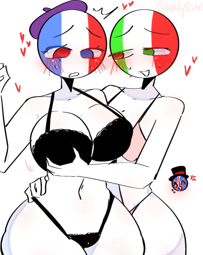 3girls beret big_breasts blue_pupils blush blushing_at_another breast_grab breasts countryhumans countryhumans_girl forced_smile france_(countryhumans) green_pupils hand_on_waist hearts_around_head italy_(countryhumans) kak0yt0_chel multiple_girls pink_bikini pleased_smile red_pupils shading startled stressed thick_thighs thighs united_kingdom_(countryhumans) wasp_waist white_skin white_skinned_female