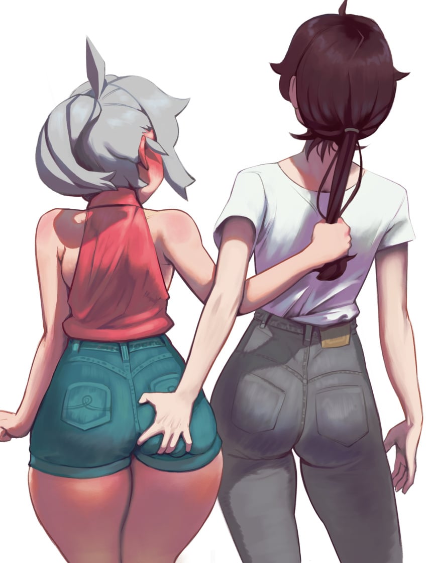 2girls ass ass_grab big_ass blush brown_hair female female_only fully_clothed grabbing_ass grey_hair leftlewdz lenny_izquierdo pants ponytail pulling_hair shirt shorts squeezing_butt yuri