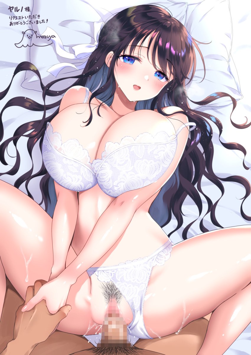 1boy bed_sheet black_hair blue_eyes blush bra breasts censored cleavage clothing_aside erection female female_pubic_hair highres holding_hands huge_breasts long_hair looking_at_viewer lying male_pubic_hair mosaic_censoring mozuya_murasaki on_back on_bed open_mouth original panties panties_aside pillow pubic_hair pussy sex sidelocks signature smile spread_legs straight strap_slip thighs underwear underwear_only vaginal_penetration wavy_hair white_bra white_panties