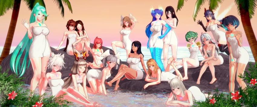 17girls 3d 6+girls a_(xenoblade) absurd_res bare_shoulders barefoot blonde_hair blue_eyes blush brighid_(xenoblade) brown_hair cat_ears cleavage closed_eyes closed_mouth core_crystal covering_self dark_hair dark_skin dume embarrassed eunie_(xenoblade) everyone female female_only fiora_(xenoblade) flaming_hair glasses glimmer_(xenoblade) haze_(xenoblade) koikatsu large_breasts long_hair looking_at_viewer lora_(xenoblade) melia_antiqua mio_(xenoblade) monolith_soft morag_ladair_(xenoblade) multiple_girls na'el_(xenoblade) nia_(blade)_(xenoblade) nia_(xenoblade) nintendo outdoors pale_skin palm_tree pandoria_(xenoblade) pneuma_(xenoblade) pointy_ears poppi_(xenoblade) poppi_qtpi_(xenoblade) red_eyes red_hair robot_girl sea self_upload sena_(xenoblade) sharla_(xenoblade) short_hair side_ponytail sitting smiling standing take_your_pick towel water white_hair wings_on_head xenoblade_(series) xenoblade_chronicles xenoblade_chronicles_2 xenoblade_chronicles_3 yellow_eyes