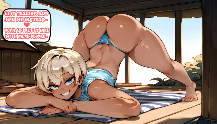 1boy 1femboy ai_generated ashton_fem ass_focus ass_up big_ass blue_eyes blue_lipstick blush cabin crop_top curvy_ass cute_male feet femboy girly huge_ass inviting jack-o'_pose jack-o_pose legs_spread long_eyelashes original_character pioploon platinum_blonde_hair pov shiny_skin short_hair smiling_at_viewer smug tan tan_body tan_skin text_bubble thick_ass thick_thighs thong thong_bikini toes trap wide_hips yoga yoga_mat