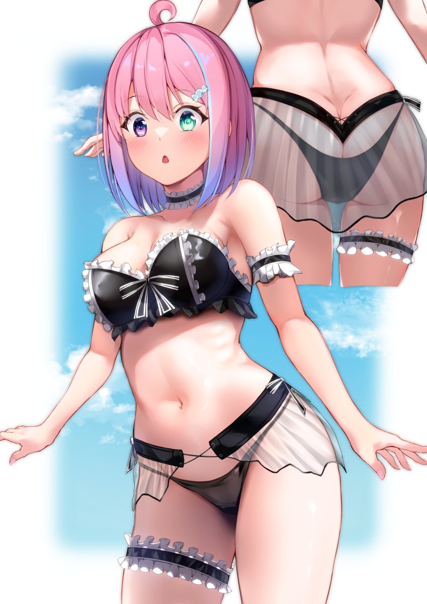 1girls ahoge arm_band ass_cleavage ass_view back_view bikini black_ribbon blush bob_cut bob_hair butt_crack candy_hair_ornament cute cute_expression cute_face eyebrows_visible_through_hair female female_only food_themed_hair_ornament frilly_bikini front_view fully_clothed garter_belt gradient_hair green_eyes heterochromia high_resolution highres himemori_luna holoforce hololive hololive_japan legs light-blue_hair light-skinned_female light_skin maid maid_bikini medium_breasts necklace nekousagi no_sex pink_eyes pink_hair possing princess revealing_clothes short_hair sky_background small_mouth streamer thigh_strap translucent_clothing tummy virtual_youtuber vtuber white_skinned_female young_woman youtuber