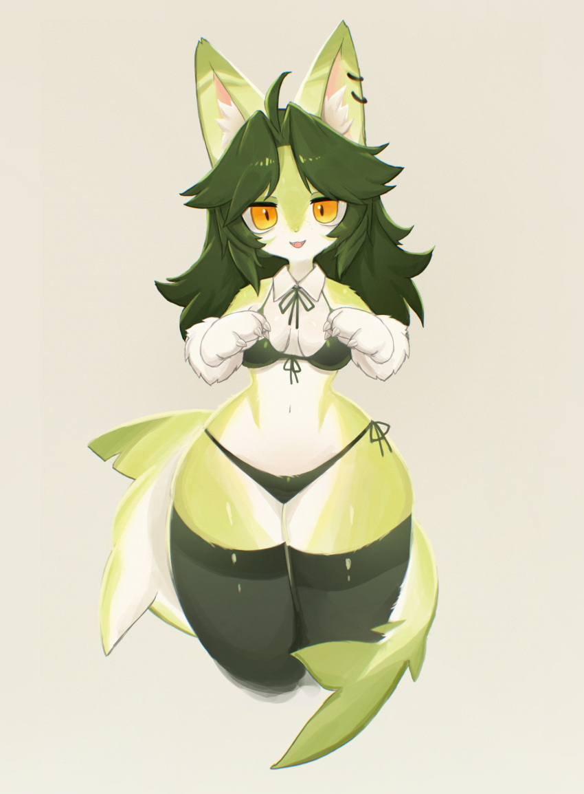 1girls 2024 absurd_res amber_eyes anchovy_(cursedanchovy) anthro bikini canid canine countershading female female_only green_fur green_hair hybrid long_hair looking_at_viewer marine shark shark_tail smiling smiling_at_viewer soda_uyu solo stockings tail thick_thighs