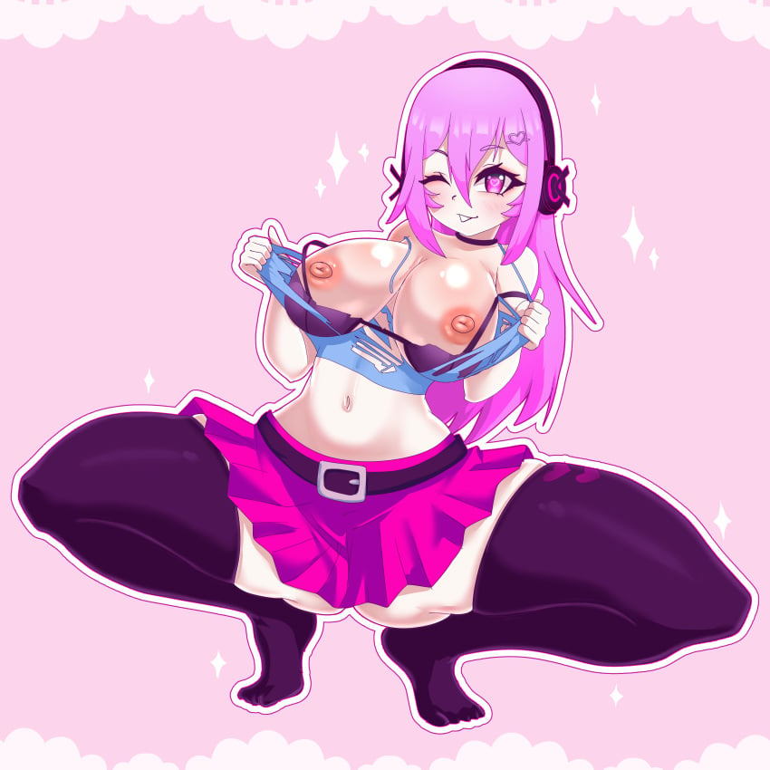 ariimaw big_breasts breasts colombian female female_only geoxor geoxor_girl headphones light_skin long_hair long_stockings miyako_noh nipples nude nude_female pink_eyes pink_hair skirt solo_female spread_legs squatting stockings youtuber