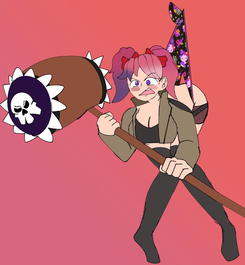 angry_face childish_panties embarrassed_female hanging_wedgie holding_weapon humiliation mallet panty_pull pink_hair purple_hair saiko_bichitaru_(smg4) smg4 underwear_pull wedgie