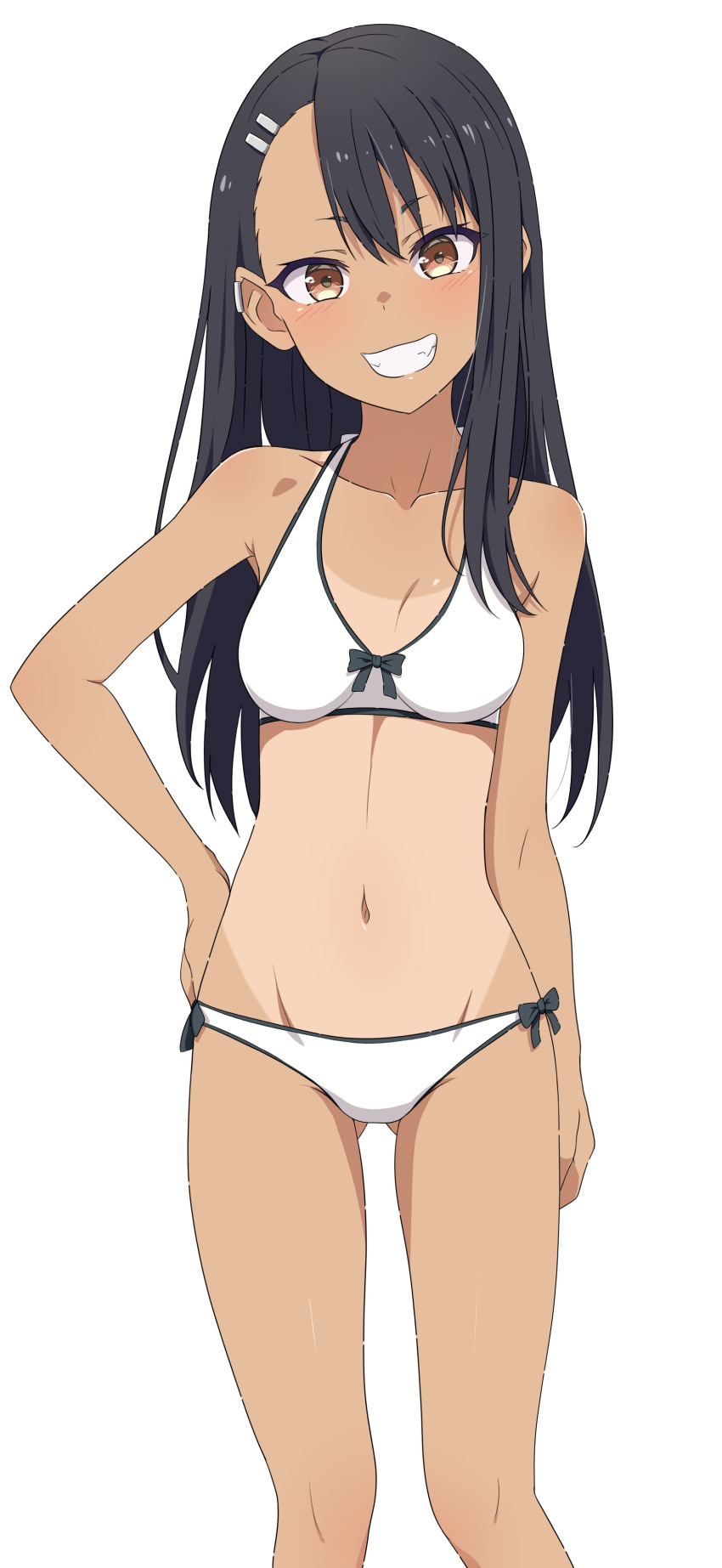 1girls ass_visible_through_thighs bangs belly bikini black_hair brown_eyes brown_skin camui1104 ear_clip ear_piercing female hair_clip hair_clips hair_ornament hayase_nagatoro hourglass_figure long_hair looking_at_viewer na-suke na_suke1104 navel one-piece_tan pinup please_don't_bully_me,_nagatoro pose simple_background slender_legs slim_waist small_breasts smile smiling solo stomach straight_hair swimsuit tan tan-skinned_female tan_body tan_skin tanline tanlines tanned thighs white_background white_bikini wide_hips