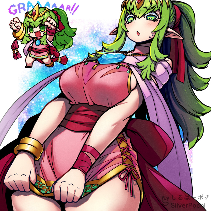 2girls alternate_hairstyle breasts fire_emblem fire_emblem_awakening fire_emblem_heroes green_eyes green_hair holding_skirt kara_age large_breasts looking_down nervous nintendo official_alternate_costume open_mouth sideboob skirt_tug sweatdrop thighs tight_clothing tiki_(adult)_(fated_divinity)_(fire_emblem) tiki_(adult)_(fire_emblem) tiki_(fire_emblem) tiki_(young)_(fire_emblem) undersized_clothes