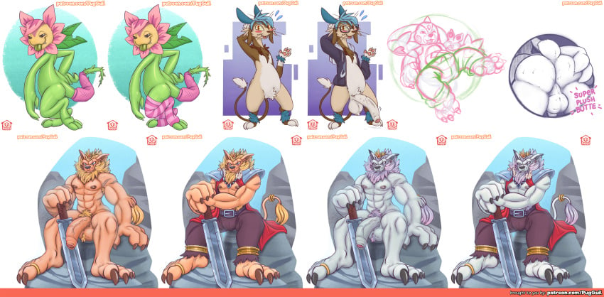 absurd_res ass balls bandai_namco beard belt bulge claws digimon digimon_(species) facial_hair genitals hi_res leomon male mane melee_weapon penis pubes puggy solo sunflowmon sword weapon