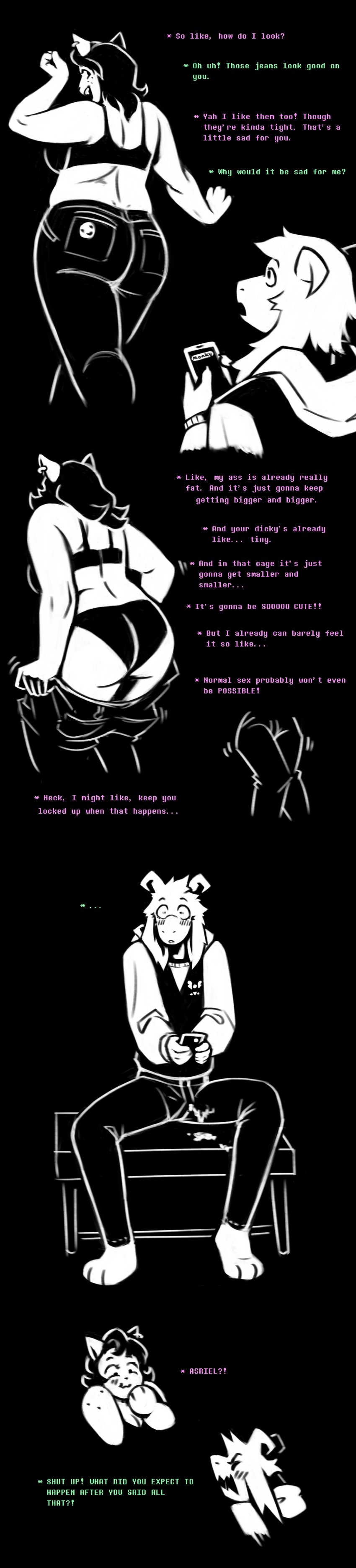 absurd_res anthro asriel_dreemurr ass big_butt bodily_fluids boss_monster_(undertale) catty_(undertale) clothing comic cum cum_in_clothing cum_through_clothing dracozhilla dressing duo embarrassed felid feline female femboy genital_fluids genitals hi_res humanoid humiliation laugh long_image male male/female mammal penis penis_humiliation penis_shrinking slightly_chubby small_penis small_penis_humiliation tall_image undertale undertale_(series) underwear wet wet_clothing