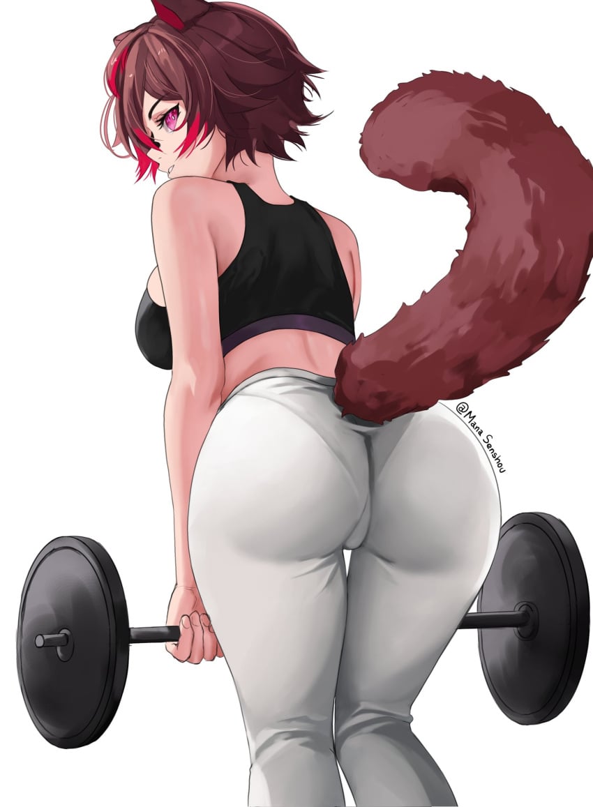 ass_focus latam_virtual_youtuber pussy_visible_through_clothes racoon_girl rakkun simple_background tagme tail virtual_youtuber vtuber vtuberfanart weights workout workout_clothes