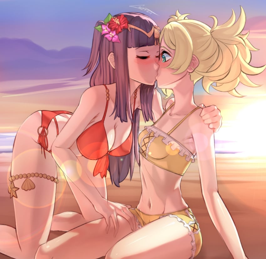 2girls alternate_costume beach bikini black_hair blonde_female blonde_hair breasts cleavage closed_eyes crazzeffect fire_emblem fire_emblem_awakening fire_emblem_heroes hand_on_shoulder kissing kuraza lissa_(fire_emblem) long_hair looking_at_partner more_at_source nintendo official_alternate_costume princess red_bikini red_swimsuit royalty small_breasts tharja_(fire_emblem) thighs twintails yellow_bikini yellow_swimsuit yuri