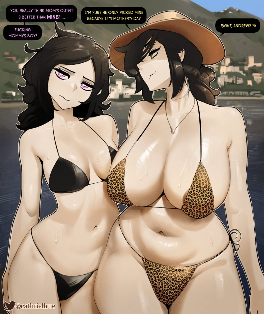 2girls :3 animal_print ashley_graves bikini black_hair breast_envy breast_size_difference breasts cathriellrue dialogue english_text female green_eyes huge_breasts leopard_print leopard_print_bikini long_hair midriff milf mother_(the_coffin_of_andy_and_leyley) mother_and_daughter mother_daughter_boob_envy_(meme) naughty_face purple_eyes renee_graves shiny_skin slightly_chubby small_breasts stomach the_coffin_of_andy_and_leyley thick_thighs thighs thighs_together wide_hips