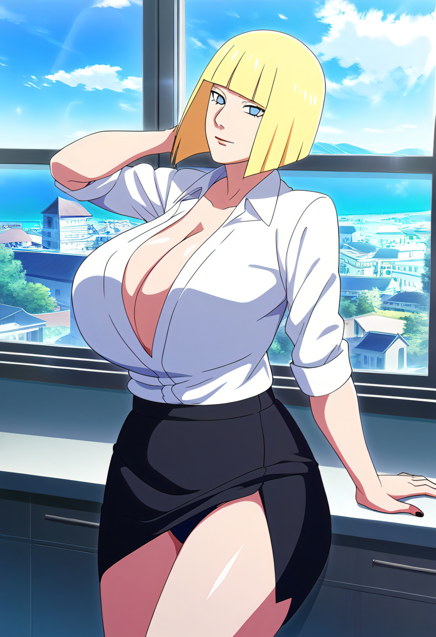 1girls ai_generated alternate_costume arm_behind_head arm_support arm_up bare_chest belt big_breasts blonde_hair blue_eyes blunt_bangs bob_cut breasts busty center_opening cleavage cleavage_overflow clothing desk female female_only formal formal_clothes huge_breasts klaus_2.0 large_breasts light-skinned_female light_skin lipstick looking_at_viewer makeup mature mature_female mature_woman nai_diffusion naruto naruto_(series) naruto_shippuden no_bra no_bra_under_clothes novelai office office_lady on_desk oppai parted_lips revealing_clothes sagging_breasts samui shirt sitting sitting_on_desk skirt sleeves_rolled_up smile solo solo_focus stable_diffusion stockings unbuttoned unbuttoned_shirt voluptuous voluptuous_female wide_hips