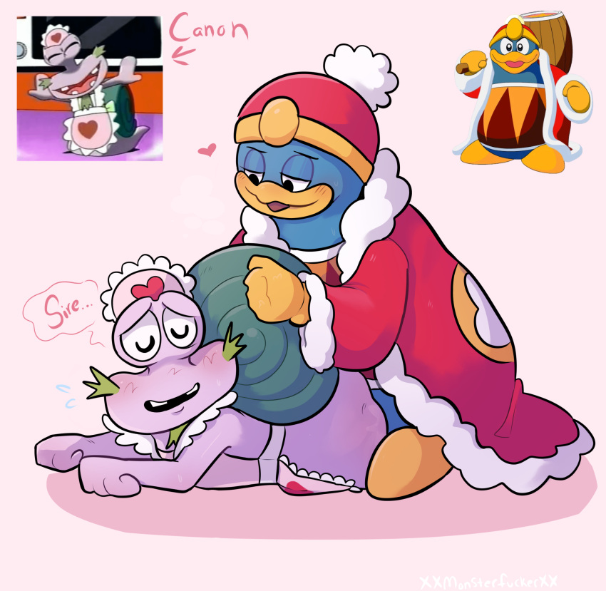 2boys bigger_dom duo duo_focus english_text escargoon gay king_dedede kirby:_right_back_at_ya! kirby_(series) looking_pleasured maid_uniform male male_only simple_background snail xxmonsterfuckerxx