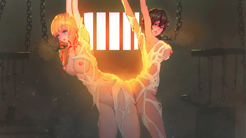 2girls arms_above_head ass ass_to_ass black_hair blonde_hair bondage breasts captured chained chains code_geass dorothea_ernst female femsub guzin leash long_hair monica_kruszewski multiple_girls multiple_subs nude short_hair tagme torn_clothes