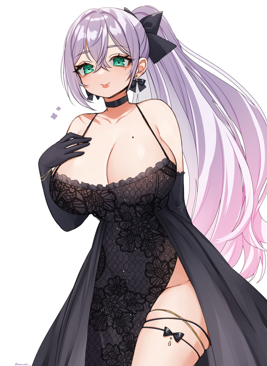 beauty_mark big_breasts black_dress breasts choker cleavage dress dress_slit exposed_shoulders gloves green_eyes hiiragi_emuri huge_breasts indie_virtual_youtuber large_breasts long_hair mythic_live nemuaki ponytail silver_hair thick_thighs thighs virtual_youtuber vtuber