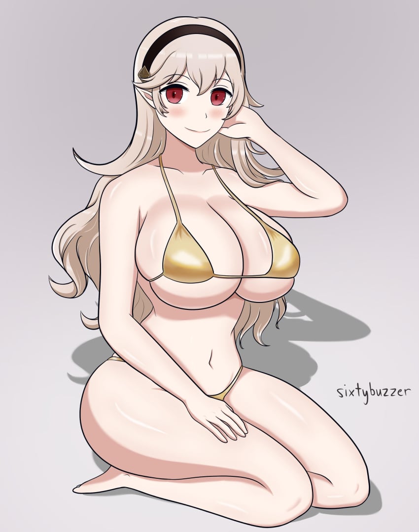 1girls alternate_costume bikini breasts cleavage corrin_(female)_(fire_emblem) corrin_(fire_emblem) corrin_(fire_emblem)_(female) female female_only fire_emblem fire_emblem_fates gold_bikini gold_swimsuit grey_hair huge_breasts kneeling long_hair looking_at_viewer nintendo red_eyes sideboob sixtybuzzer skindentation smile swimsuit underboob yellow_bikini yellow_swimsuit