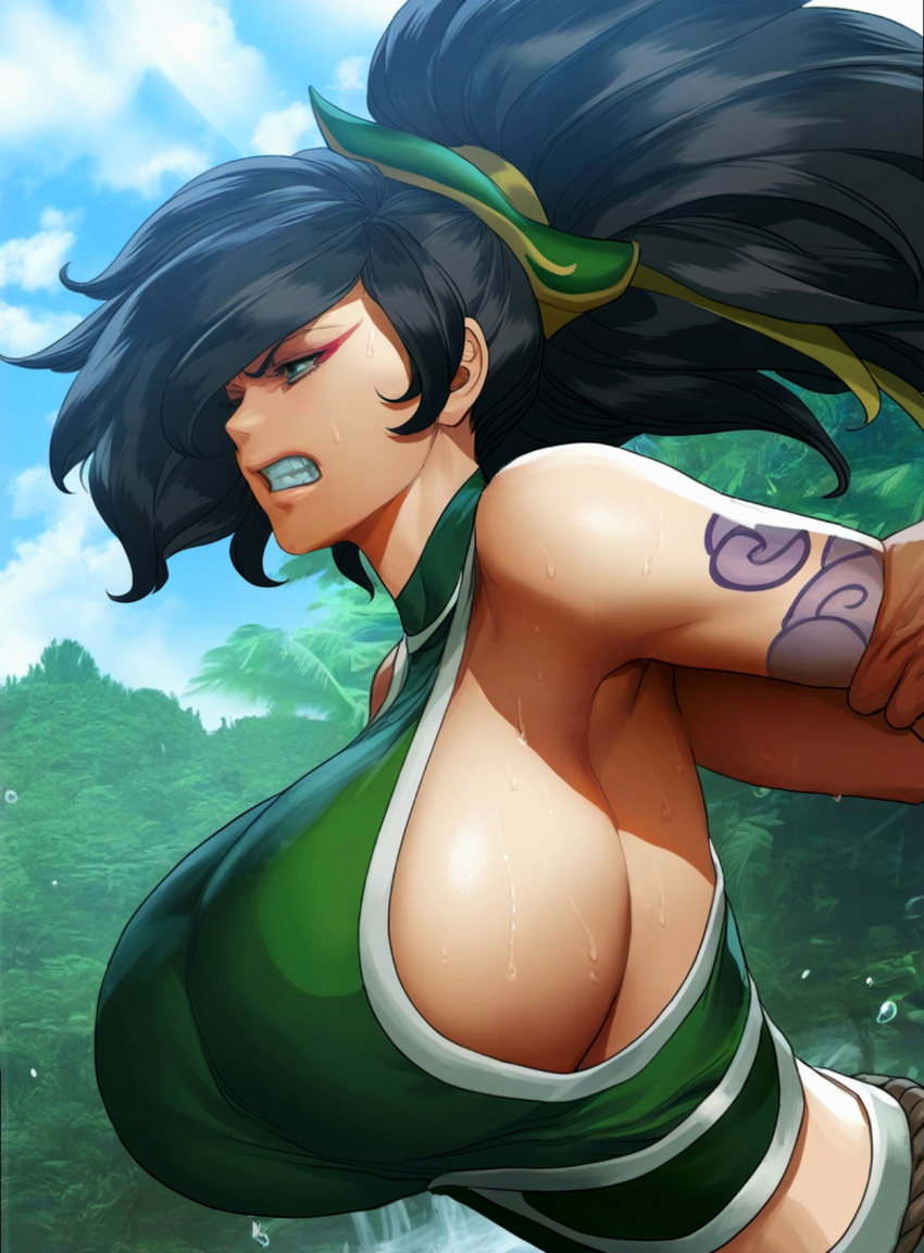 ai_generated akali akali_jhomen_tethi angry angry_face arm_grab arm_tattoo arms_behind_back black_hair breast_focus breasts breasts_bigger_than_head gigantic_breasts gritting_teeth huge_breasts imminent_rape league_of_legends massive_breasts ponytail resisting round_breasts side_view sideboob sweat sweatdrop tattoo thin_waist