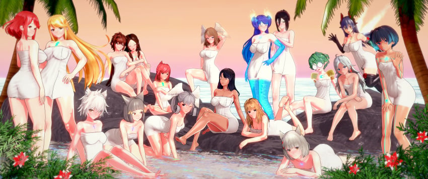 18girls 3d 6+girls a_(xenoblade) absurd_res bare_shoulders barefoot blonde_hair blue_eyes blush brighid_(xenoblade) brown_hair cat_ears cleavage closed_eyes closed_mouth core_crystal covering_self dark_hair dark_skin dume embarrassed eunie_(xenoblade) everyone female female_only fiora_(xenoblade) flaming_hair glasses glimmer_(xenoblade) haze_(xenoblade) koikatsu large_breasts long_hair looking_at_viewer lora_(xenoblade) melia_antiqua mio_(xenoblade) monolith_soft morag_ladair_(xenoblade) multiple_girls mythra_(xenoblade) na'el_(xenoblade) nia_(xenoblade) nintendo outdoors pale_skin palm_tree pandoria_(xenoblade) pointy_ears poppi_qtpi_(xenoblade) pyra_(xenoblade) red_eyes red_hair robot_girl sea self_upload sena_(xenoblade) sharla_(xenoblade) short_hair side_ponytail sitting smiling standing towel water white_hair wings_on_head xenoblade_(series) xenoblade_chronicles xenoblade_chronicles_2 xenoblade_chronicles_3 yellow_eyes