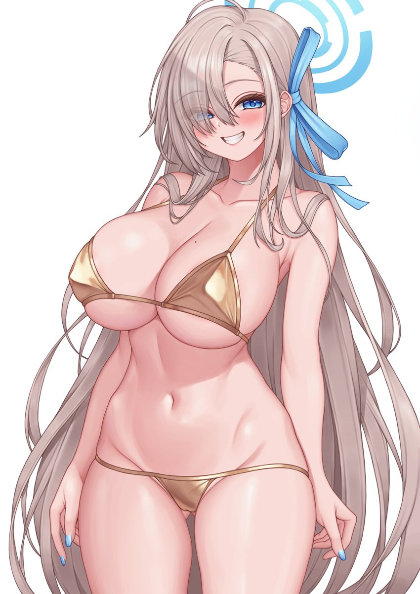 asuna_(blue_archive) bare_arms bare_legs bare_shoulders bikini blue_archive blue_eyes blue_halo blue_nails blue_ribbon blush breasts cleaning_&_clearing_(blue_archive) cleavage collarbone eyes_visible_through_hair female fingernails gluteal_fold gold_bikini grin hair_over_one_eye hair_ribbon halo highres large_breasts light_brown_hair long_hair looking_at_viewer millennium_science_school_student mole mole_on_breast nail_polish pinkcap ribbon simple_background smile solo swimsuit white_background