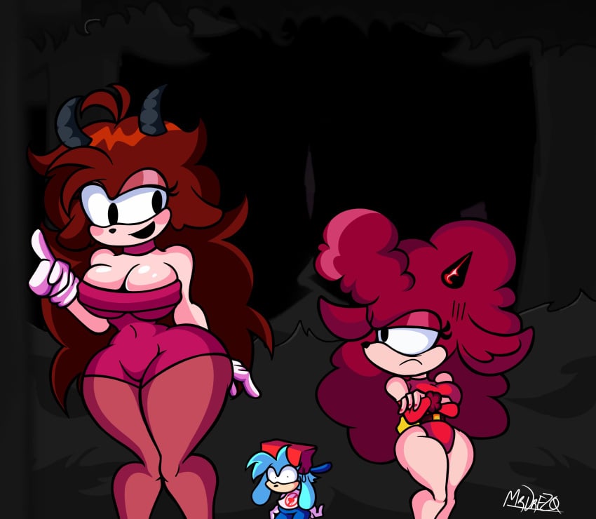 anthro encore_girlfriend_(friday_night_funkin) female friday_night_funkin girlfriend_(friday_night_funkin) kaito_(neutroa) maiko_(neutroa) mobian_(species) mrdrezq size_comparison size_difference sonic.exe_(creepypasta) sonic.exe_(series)