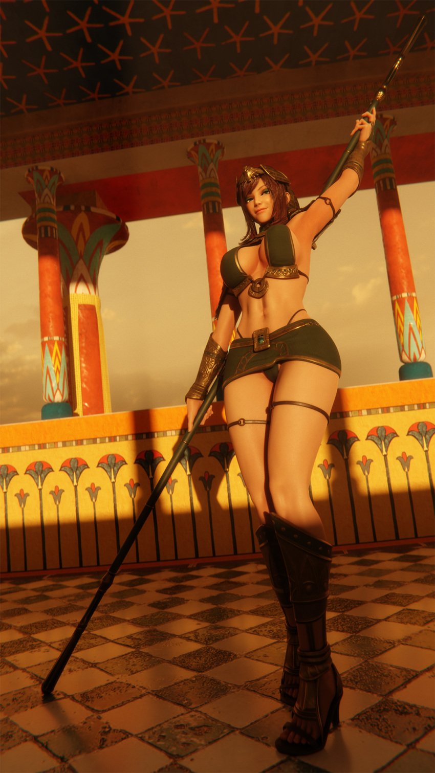 3d 3d_(artwork) abs akidia egyptian egyptian_clothes female green_clothing green_panties high_waisted_thong light-skinned_female light_skin looking_at_viewer original original_character primrose red_hair ryanreos smiling smiling_at_viewer tagme turquoise_eyes