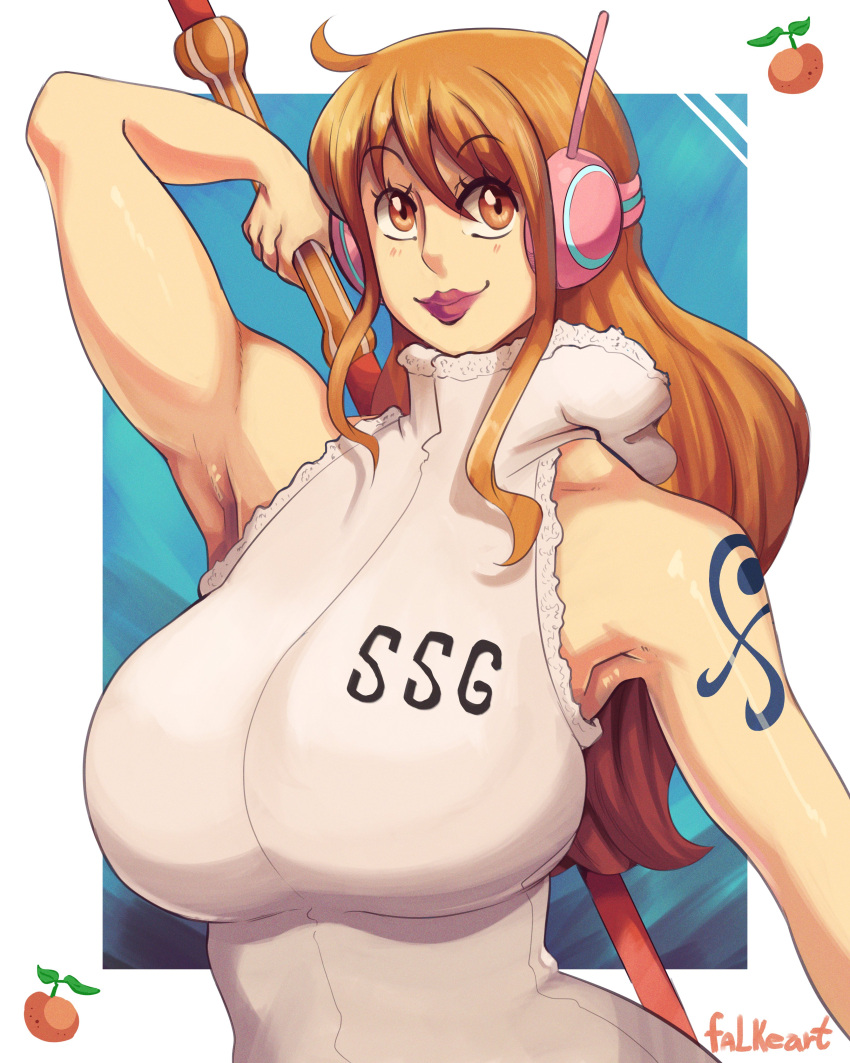 1girls absurd_res arm_behind_head armpits big_breasts falkeart female female_only headphones light_blush lipstick long_hair looking_at_viewer nami nami_(one_piece) one_piece one_piece:_egghead_arc orange_eyes orange_hair post-timeskip smiling smiling_at_viewer solo tattoo_on_arm three-quarter_portrait