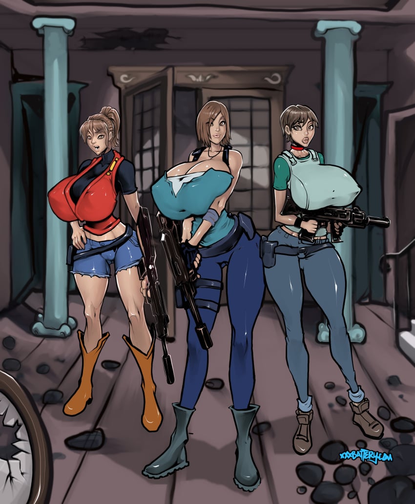 3girls belt capcom claire_redfield clothing female firearm footwear gun guns handwear huge_breasts human jill_valentine jill_valentine_(sasha_zotova) legwear multiple_girls pale_skin rebecca_chambers resident_evil rifle weapon xxxbattery