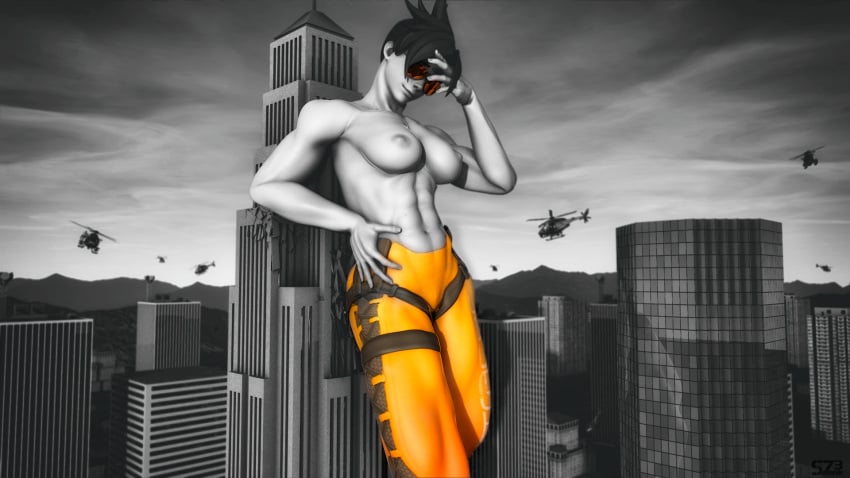 3d abs aviator_sunglasses big_breasts brown-tinted_eyewear buttcrush city destruction giantess muscular_female muscular_thighs overwatch samnik73 sunglasses thick_thighs tinted_eyewear topless_female tracer