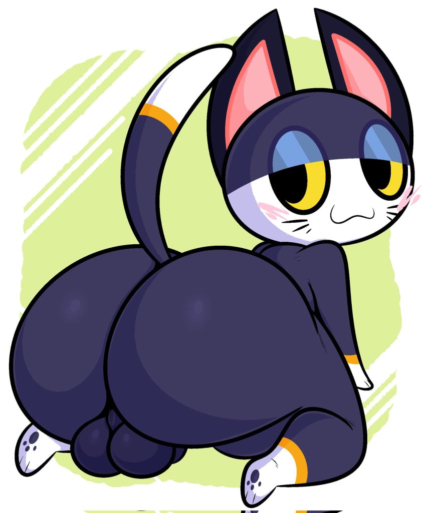 2022 3_fingers 3_toes :3 abstract_background all_fours animal_crossing anthro ass backsack balls big_butt black_body black_eyes blush border butt_focus dipstick_tail domestic_cat ekkokenight feet felid feline felis fingers fur furry furry_only genitals glistening glistening_butt gloves_(marking) half-closed_eyes hi_res huge_butt leg_markings looking_back male male_only mammal markings multitoned_body narrowed_eyes nintendo nude orange_body paws presenting presenting_hindquarters punchy_(animal_crossing) raised_tail rear_view shaded simple_background socks_(marking) solo tail tail_markings thick_thighs toes video_games whiskers white_body white_border yellow_background yellow_sclera