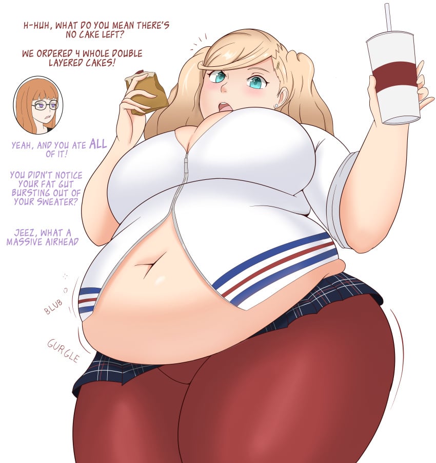 1girls ann_takamaki bbw belly belly_overhang big_belly big_breasts blonde_hair breasts chubby chubby_female dialogue fat fat_girl fat_shaming fat_woman female large_breasts obese obese_female overweight overweight_female persona persona_5 sakura_futaba stomach_noises sunnachi text thick_thighs twintails weight_gain wide_hips