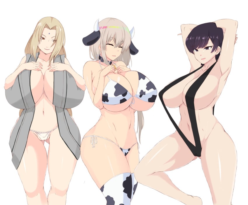 3girls alternate_version_available armpits big_breasts bikini bikini_bottom bikini_top black_eyes black_hair black_sling_bikini blonde_hair bottomwear breasts brown_eyes cleavage closed_eyes cow_ears cow_horns cow_print cow_print_bikini cow_print_thighhighs cowbell crossover female female_only forehead_jewel grey_hair hair huge_breasts komi-san_wa_komyushou_desu komi_shuuko large_breasts lips long_hair mature mature_female mature_woman milf mother multiple_milfs naruto naruto_(series) neckwear open_robe panties robe short_hair skimpy skimpy_bikini sling_bikini sombra222 swimsuit swimwear topwear tsunade uzaki-chan_wa_asobitai! uzaki_tsuki white_panties