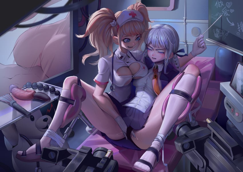 2girls absurdres anal_beads animal_hair_ornament anus arrow_(symbol) ass bangs bear_hair_ornament bed blonde_hair blue_eyes blunt_bangs bound bound_legs braid breast_press breasts cat_o'_nine_tails chinese_commentary chinese_text cleavage cleavage_cutout closed_eyes clothing_cutout collared_shirt cross danganronpa danganronpa:_trigger_happy_havoc dildo female female_only femdom fingering gloves h.an_(516635864) hair_ornament hair_ribbon hat heart highres holding holding_pointer hospital hospital_bed indoors jacket junko_enoshima kirigiri_kyouko kneehighs large_breasts lezdom light_purple_hair long_hair looking_at_another mars_symbol miniskirt monokuma multiple_girls naegi_makoto necktie nurse_cap open_clothes open_jacket open_mouth orange_necktie pleated_skirt pointer purple_eyes purple_jacket purple_ribbon purple_skirt red_cross restrained ribbon sex_toy shirt short_sleeves skirt smile socks straight_hair sweat symmetrical_docking television tray twintails underboob vaginal_penetration venus_symbol whip white_gloves white_headwear white_shirt white_socks yuri zipper zipper_pull_tab