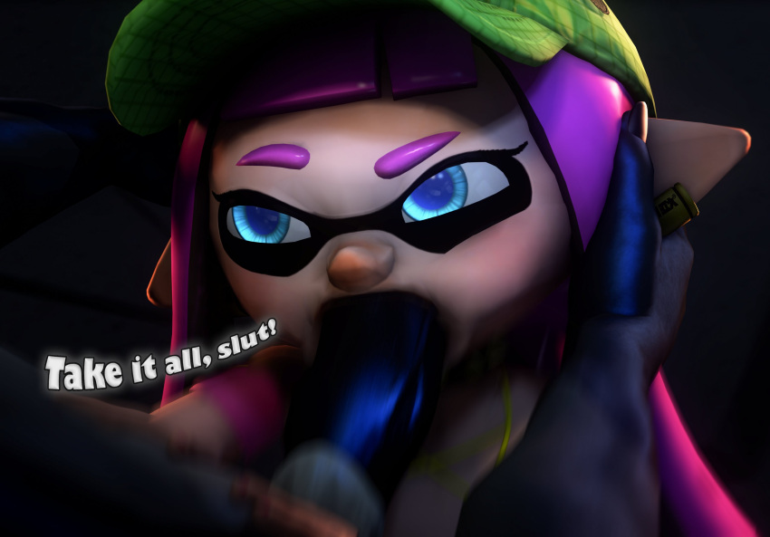 blowjob blue_penis calvasa dragon fellatio green_hat head_grab light_blue_eyes motion_blur pink_hair pink_outfit sfm source_filmmaker splatoon text whiteweasel