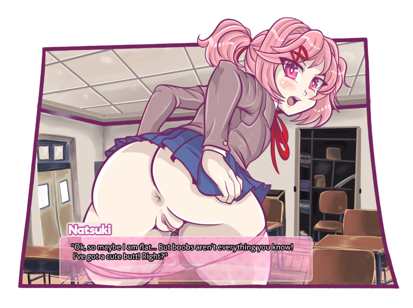 1girls anus ass bending_over blue_skirt blush blushing_at_viewer ddlc_text_box dialogue dialogue_box doki_doki_literature_club drillslewds english_text female female_only itdrills looking_at_viewer looking_back natsuki_(doki_doki_literature_club) only_drills open_mouth pale-skinned_female pale_skin panties panties_down pigtails pink_eyes pink_hair pink_panties presenting presenting_hindquarters pussy redraw skirt solo text text_box twindrills twintails uncensored vagina