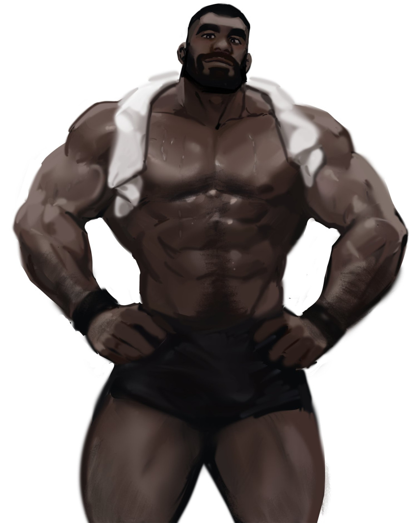 african african_male big_bulge bulge dark-skinned_male dark_skin dopq hands_on_hips huge_bulge looking_at_viewer male male_only melanin muscles muscular muscular_male sweaty towel