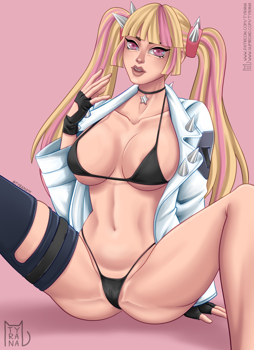 big_ass big_breasts bikini blonde_hair epic_games fortnite lennox_rose_(fortnite) necklace pigtails pink_eyes pink_hair solo tagme thong twintails tyrana