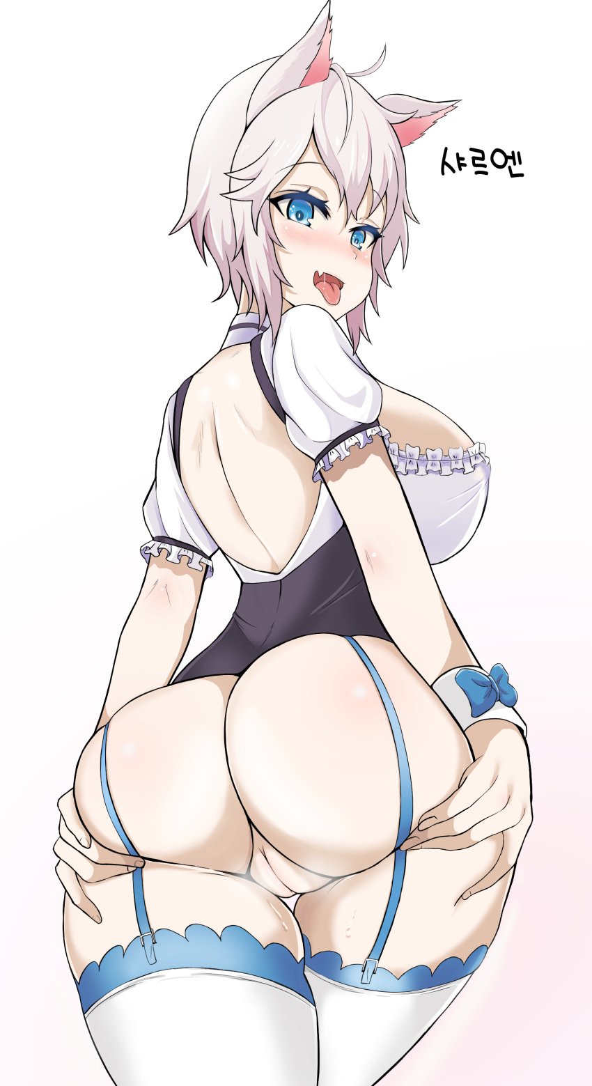 absurdres asanagi_(style) ass ass_grab blue_eyes blush bow breasts fangs female garter_straps highres kim_wang_jang large_breasts no_panties open_mouth original pussy saliva solo thigh_gap thighhighs tongue tongue_out uncensored white_hair