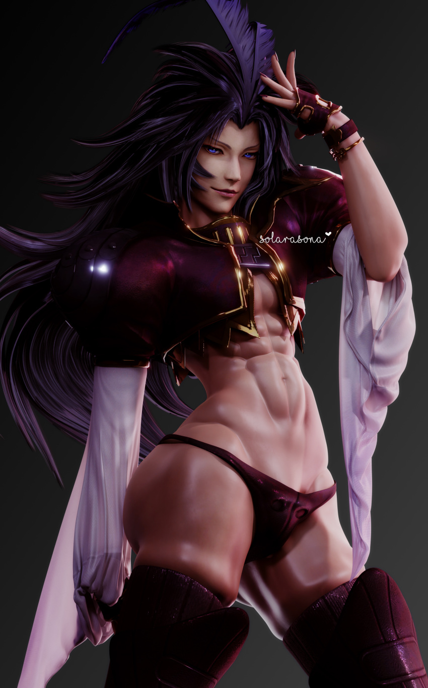 3d big_ass blender blue_eyes crop_top femboy final_fantasy final_fantasy_ix fingerless_gloves kuja long_hair long_sleeves looking_at_viewer male male_only muscular muscular_male posing purple_hair simple_background smirk solarasona square_enix tagme thick_thighs thighhighs thighs thong