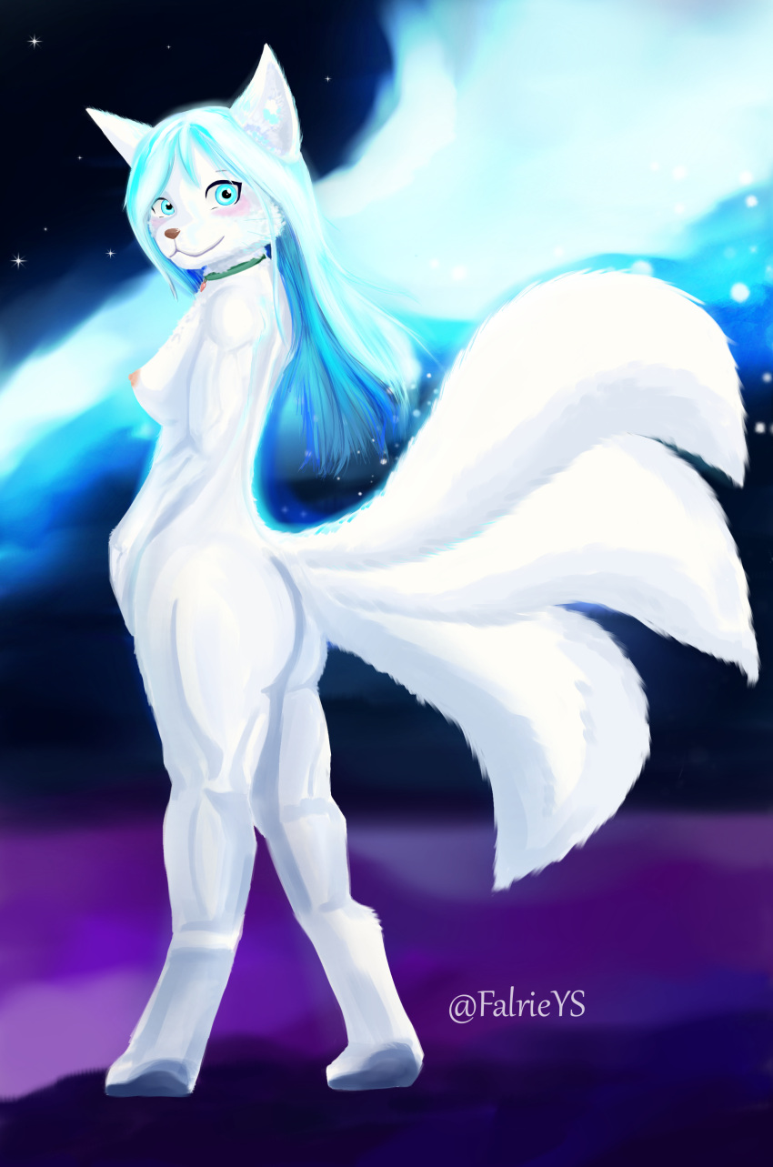 absurd_res animal_humanoid anthro breasts collar falrieys female fox fox_humanoid hi_res humanoid mammal mammal_humanoid multi_tail vulpine vulpine_humanoid