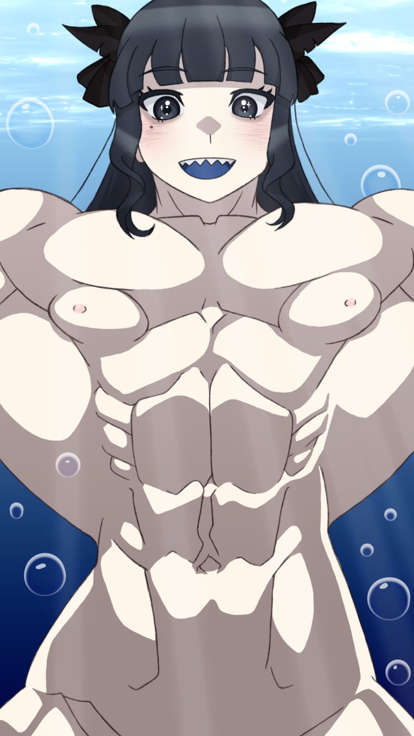 artemis_of_the_blue black_eyes black_hair female hyper hyper_muscles long_hair mole_under_eye muscles muscular muscular_female rickmosier sharp_teeth solo underwater virtual_youtuber vtuber